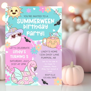 Groovy Halloween birthday invitation in pink, aqua, lavender, and orange