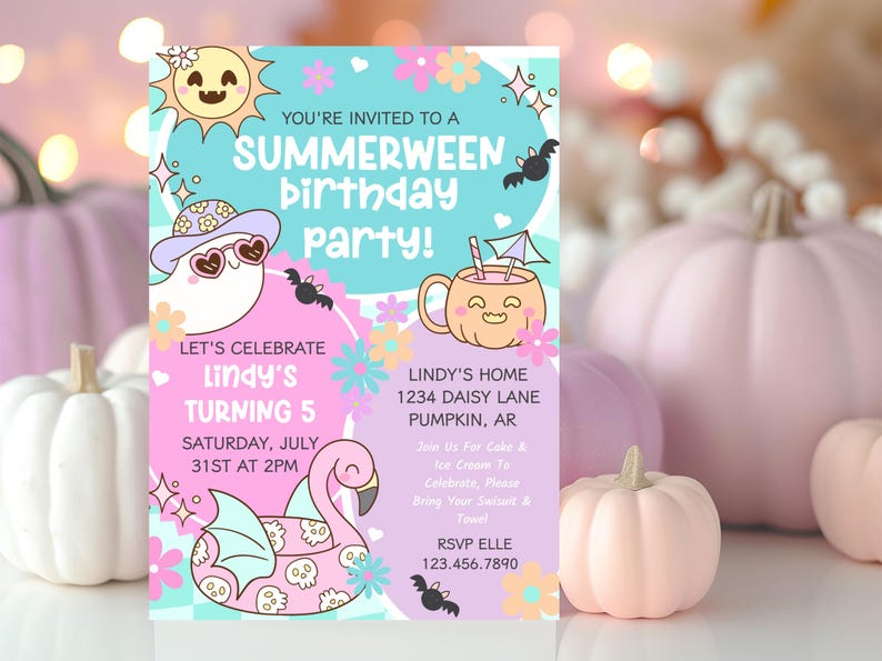 Groovy Halloween birthday invitation in pink, aqua, lavender, and orange