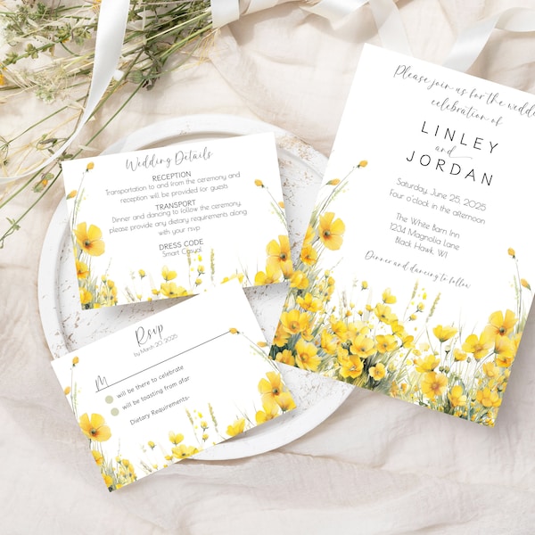 Poppy Wedding Invitation, Editable Yellow Poppies Wedding Suite, Printable Wild Poppies Wedding, Country Wedding Invitation, Yellow Florals