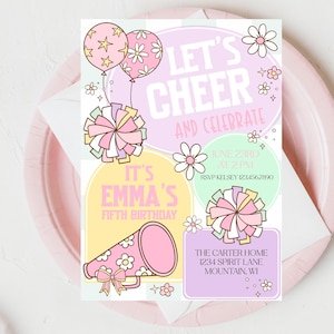 Invitation de fête d'anniversaire de pom-pom girl, invitation thème de pom-pom girl, escouade de pom-pom girl pastel, fête d'anniversaire de jeune fille, applaudissons et célébrons