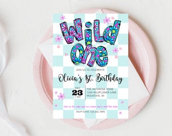 Invitación floral de cumpleaños de Wild One: Primer cumpleaños de niña (Descarga digital)
