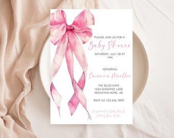 Invitación para baby shower con lazo rosa de acuarela (imprimible)