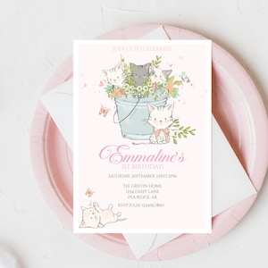 metal bucket full of flowers and cute kittens on pink invite