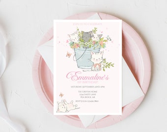 Invito di compleanno per gattini modificabile, invito per festa di gattini carini, invito di compleanno per bambine rosa, invito per gattini per il primo compleanno, 1° compleanno