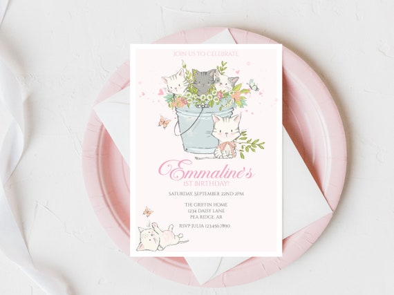 Editable Kitten Birthday Invitation, Cute Kitties Party Invite, Pink Girl Birthday Invitation, First Birthday Kittens Invite, 1st Birthday