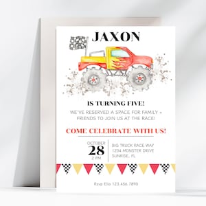 May include: A birthday party invitation featuring a red and yellow monster truck with flames. The invitation says "Jaxon is turning five!" and includes the date, time, and location of the party. RSVP information is also included.