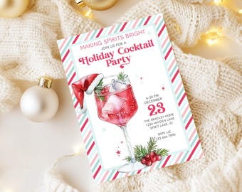 May include: A festive holiday cocktail party invitation with a watercolor illustration of a cocktail in a wine glass, adorned with a Santa hat. The invitation features text: "MAKING SPIRITS BRIGHT, Holiday Cocktail Party, December 23".
