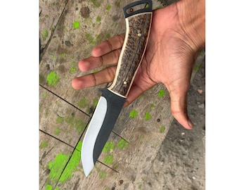 Cuchillo de caza artesanal personalizado con mango de asta de ciervo: regalo personalizado, acero al carbono 1095