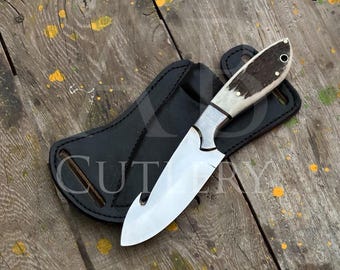 Cuchillo de caza desollador de acero inoxidable hecho a mano: hoja fija de 8" con mango de asta de ciervo y guarda de acero