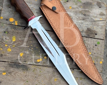 Cuchillo Bowie de acero D2 hecho a mano con mango de palisandro y funda de cuero.