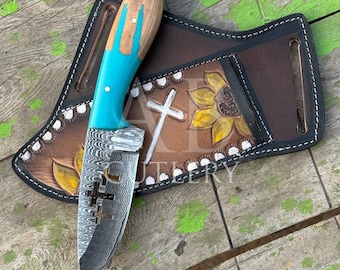Cuchillo de caza de Damasco hecho a mano / Funda de cuero personalizada / REGALO PARA ÉL