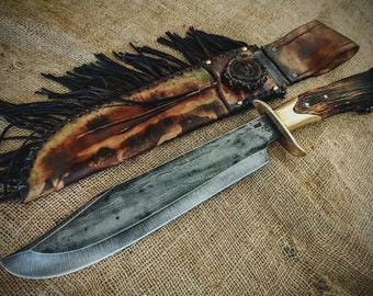 Cuchillo Bowie de acero al carbono de 15" personalizado / Hoja de caza vikinga forjada a mano / Funda de cuero