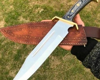 Cuchillo Bowie de acero para herramientas D-2 hecho a mano, de espiga completa / Funda de cuero / Cuchillo para camping y colección
