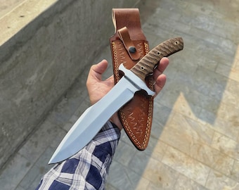 Cuchillo Bowie hecho a mano con funda de cuero / Cuchillo de supervivencia para exteriores / Regalo de Navidad único