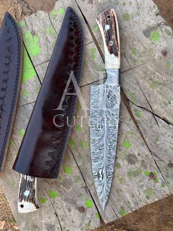 Handmade Damascus Chef Knife | Deer Antler Handle | Kitchen Knife by AB Cutlery