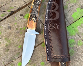 Cuchillo estilo Loveless hecho a mano / Hoja de acero inoxidable AEB-L / Virola 416 / Mango de asta de ciervo