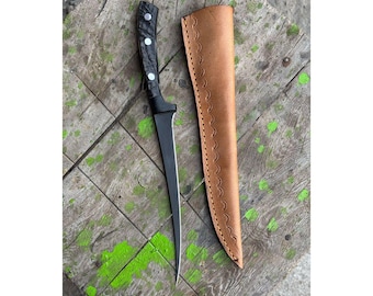 Cuchillo fileteador de pesca AEB-L de acero inoxidable, hecho a mano y personalizado, con hoja revestida en negro.