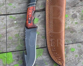 Cuchillo de caza de acero D2 hecho a mano: cuchillo de camping de hoja fija de 28 cm con mango de madera de pakka y resina.