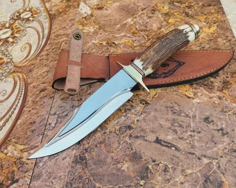 Cuchillo Bowie de caza de acero 440C hecho a mano con mango de asta natural
