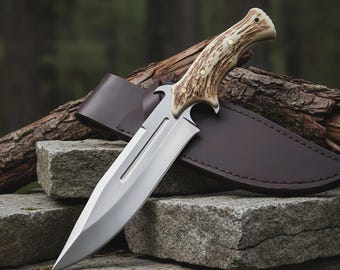 Cuchillo de exterior de espiga completa con mango de asta de ciervo de estilo vintage / Regalo para camping y supervivencia
