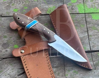 Cuchillo de caza de hoja fija de 20 cm con mango de madera, hecho a mano, de acero D2