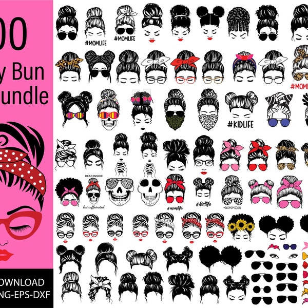 Messy bun svg Bundle , momlife svg, mom skull svg, afro woman svg, black woman svg, mom & daughter svg, Kid life svg, Glasses svg, cricut