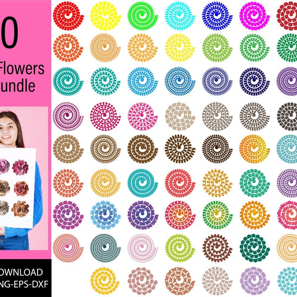 70 Rolled Flower Svg, 3D Flower Svg, Rolled Flower Template, Paper Flower Svg Cut File, Svg Files For Cricut, Digital Paper Svg