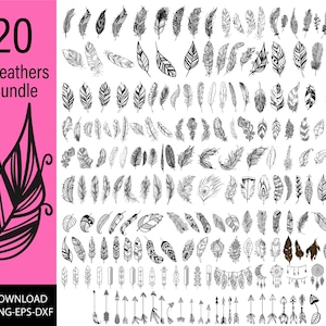 Paquete de plumas svg, plumas de aves svg, dxf, png, jpg, silueta de plumas, boho pluma svg, pluma tribal svg, descarga instantánea