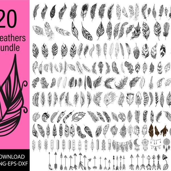 Lot de plumes svg, plumes oiseaux svg, dxf, png, jpg, silhouette de plumes, Boho plume svg, svg plume tribale, téléchargement immédiat