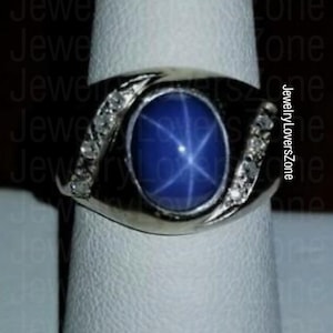 Men Star Sapphire Ring Sterling Silver 925 Blue Star Sapphire Ring Silver Lindy Star Ring