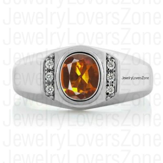 Men's Ring Sterling Silver Yellow Topaz Rings Round Yellow Diamond London Blue Topaz Ctw High Polished Stone Men Wedding Band 925 Sterling Silver TriJewels