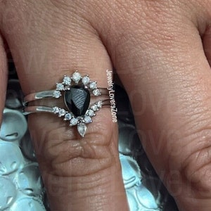 Black Diamond Ring Set- Sterling Silver Pear Cut Black Onyx Engagement Ring For Women- Promise Ring- Anniversary Birthday Gift For Her