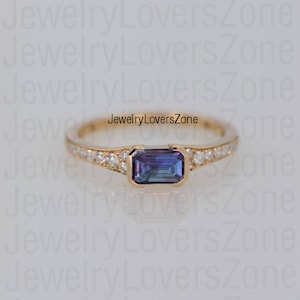 Simple Alexandrite Ring Engagement Ring Emerald Cut Color Change Gemstone 24k Gold Vermeil Ring June Birthstone