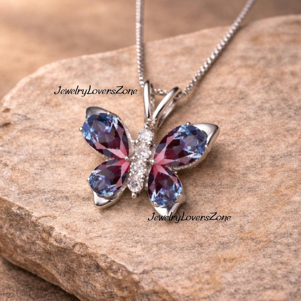 Alexandrite Necklace- Color Changing Gemstone Pendant- Alexandrite Butterfly Pendant in 925 Sterling Silver- Alexandite Pendant