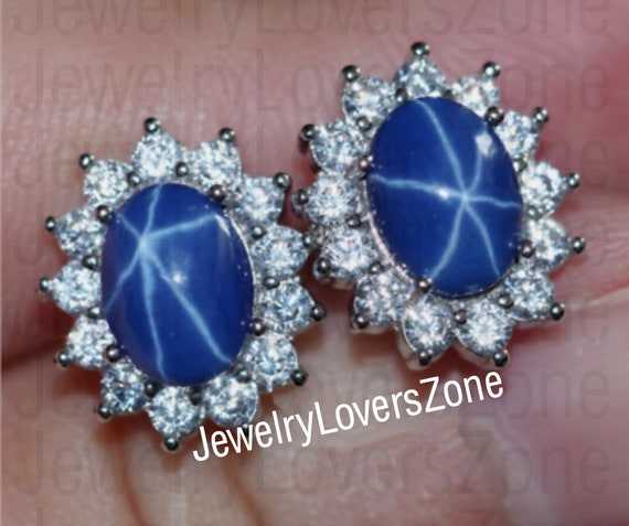 Genuine Lindy Star Sapphire Earrings for Bride Blue Star Earrings in 925 Sterling Silver Oval Star Sapphire Earrings