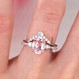 Morganite Ring Set, 14K Rose Gold Vermeil Engagement Ring, Pink Gemstone Vintage Promise Ring Set, Oval Cut Christmas Anniversary Gift