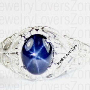 Vintage Blue Star Sapphire Ring 925 Sterling Silver Blue Star Sapphire Ring Lindy Star Ring Engagement Ring Men Star Ring