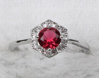 Silver Ring- Beautiful Lab Ruby Gemstone Ring- Anniversary Ring- Wedding Ring- Bridal Wedding Ring- Round Cut Ring- Gift For Her