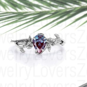 Wedding Ring Colour Change Alexandrite Leaf Ring, Color Changing Stone Ring, June Birthstone Ring, Promise Ring, Silver Alexandrite Ring