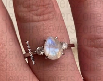 Anillo de piedra lunar vintage - Piedra lunar natural- Anillo Vermeil de plata - Anillo de compromiso - Anillo de promesa - Piedra natal de junio - Regalo de aniversario para ella