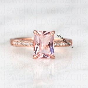 Morganite Ring for Women- 14K Rose Gold Vermeil Morganite Ring Set- Art Deco Ring- Engagement Ring Set- Anniversary Birthday Gift For Her