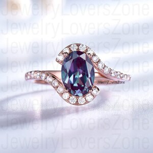 Minimalist Alexandrite Engagement Ring for Women, Oval Cut June Birthstone, Alexandrite 14k Rose Gold Plated Ring
