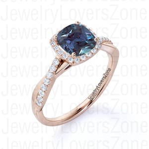 Color Changing Alexandrite Ring for Women 24k Rose Gold Wedding Ring Cushion Shaped June Birthstone Ring