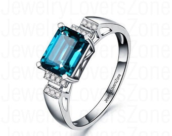 London Blue Topaz ring, Emerald cut Blue Topaz Halo ring, blauwe steen 925 zilveren verlovingsring, voorstel ring, cadeaus voor moederdag