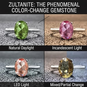 Pode incluir: Um anel de prata com uma pedra preciosa Zultanita de corte oval que muda de cor. O texto diz: ZULTANITE: THE PHENOMENAL COLOR-CHANGE GEMSTONE. Os quatro painéis mostram a pedra sob luz natural, incandescente, LED e luz mista.