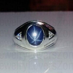 Star Genuine Blue Star Sapphire, 925 Sterling Silver Ring Men&#39;s Star Ring