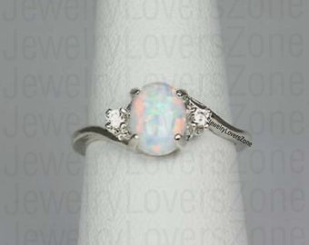 White Stone Sterling Silver Ring, Fire Opal Ring with Diamond Simulants, Engagement Ring, October Birthstone Ring, White Opal Ring