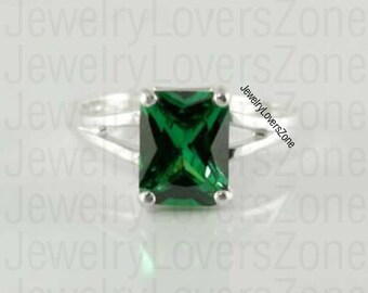 Genuine Emerald Silver Ring, 925 Sterling Silver, Emerald Cut Engagement Ring, Birthday Gift For Her, Statement Ring, Handmade Jewelry