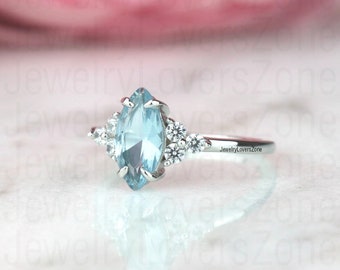 Art Deco Aquamarine Ring/Marquise Cut/Aquamarine Ring Silver/Blue Aquamarine Ring/March Birthstone Engagement Ring/Aquamarine Ring vintage