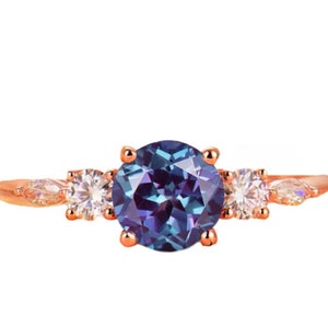 Bague Alexandrite, Bague Alexandrite de mariage, Bague Alexandrite créée en laboratoire, Bague en pierre changeant de couleur, plaqué or rose 14 carats